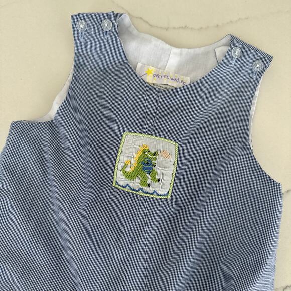Secret Wishes Blue Gingham Smocked Alligator Longall - 12M - Picture 2 of 6